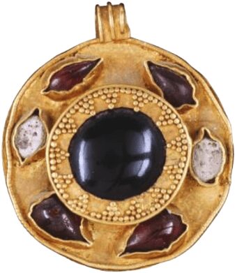 pendentif circulaire, cabochon de grenat en forme de goutte et de perle fine artemisia online fanny laruaz