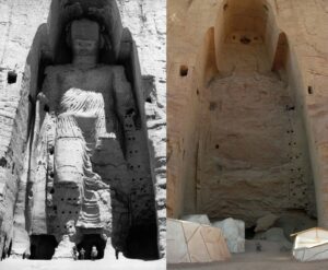 la statue du grand bouddha (dipankara) avant et après sa destruction en mars 2001, afghanistan